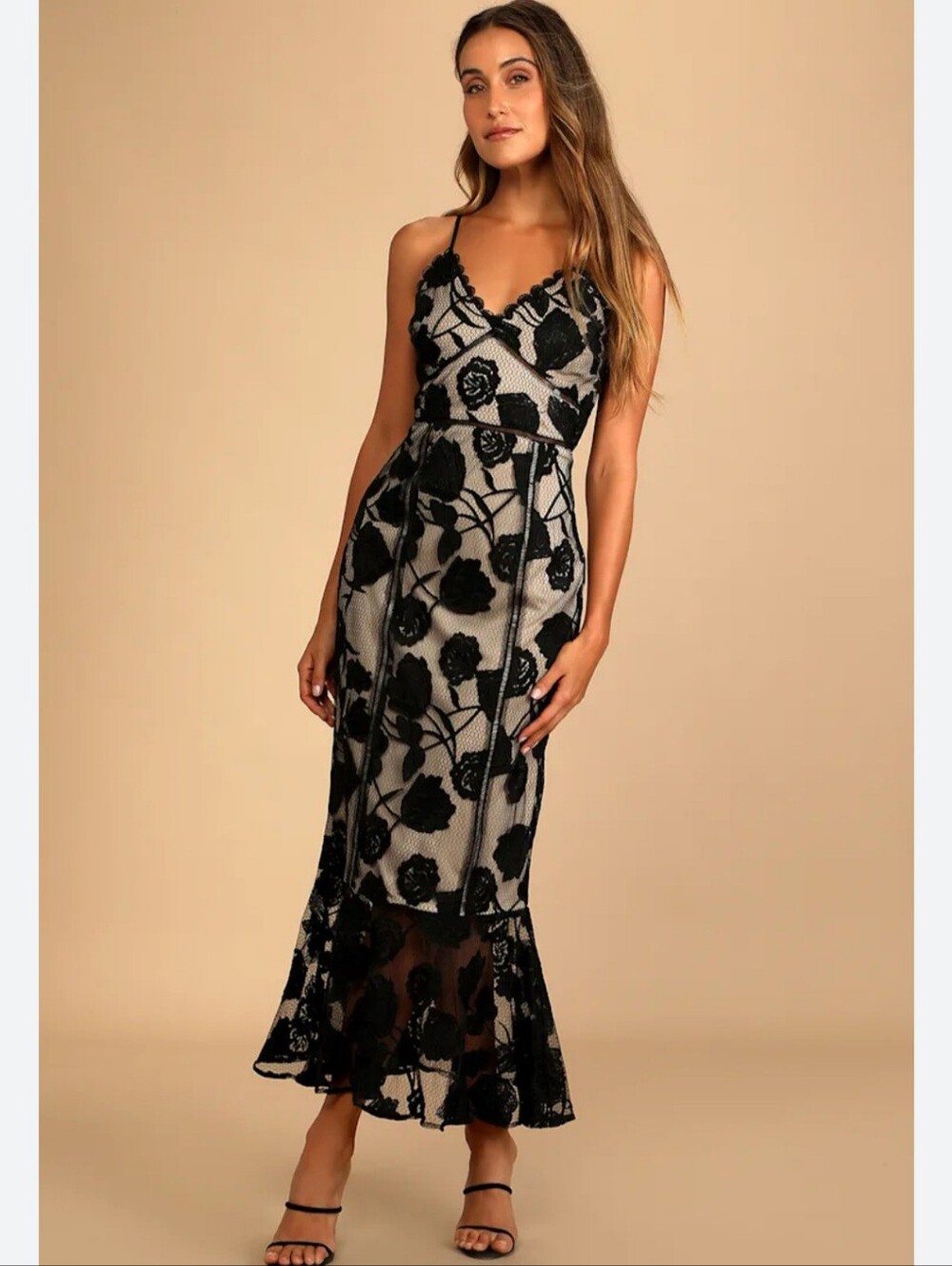 Lulu's Black Floral Lace Maxi Dress with V-Neck